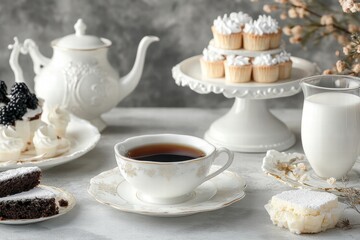 Fototapeta premium Elegant English porcelain tea set with black tea and an assortment of desserts on a table
