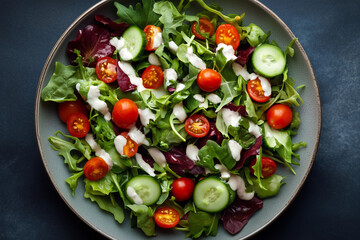 Fresh garden salad with cherry tomatoes and cucumber served on a dark background