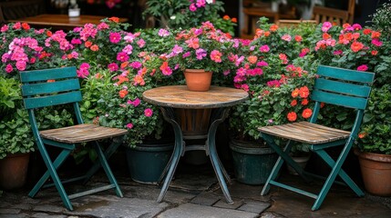 Floral cafe patio seating, city street background