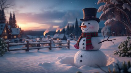 Obraz premium A cheerful snowman stands proudly in a snowy landscape, wearing a black top hat and a colorful scarf, as the sun sets behind a cozy winter village.