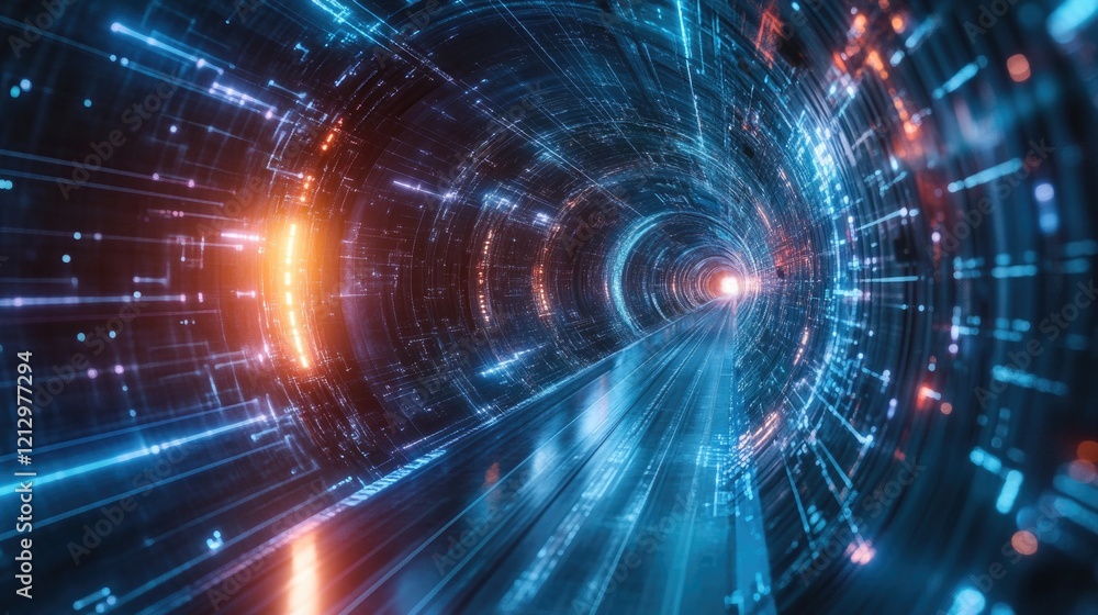 Poster abstract futuristic tunnel with glowing lines and a vibrant light at the end