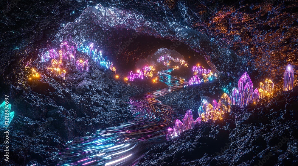 Poster a deep rgb-lit cave system filled with glowing crystal formations that emit soft pulses of color