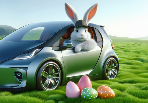 Ein Osterhase mit Basecap liefert im E-Auto die Ostereier aus und f&auml;hrt &uuml;ber eine gr&uuml;ne Wiese