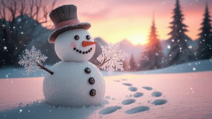 Obraz premium A cheerful snowman with a top hat stands in a snowy landscape, surrounded by snowfall and a colorful sunset in the background.