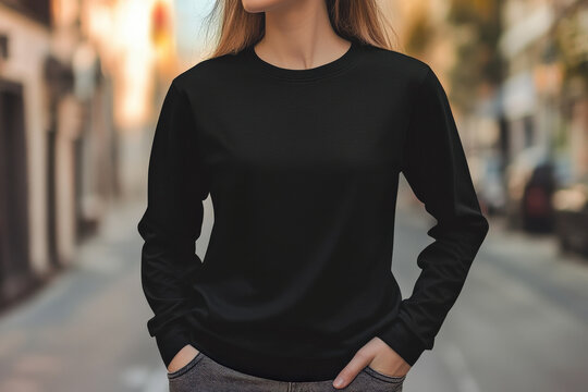 Woman model wearing black long sleeve t-shirt on street, print presentation mock-up, mockup design shirt template
