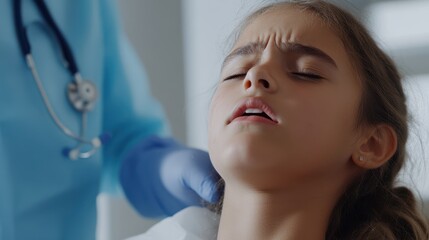 Fototapeta premium A teenage girl expressing discomfort while a healthcare professional provides attentive care in a clinical setting.