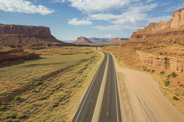 Scenic highway stretches through expansive desert landscape under blue sky