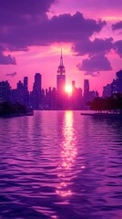 Fototapeta premium City Skyline at Sunset: Vibrant Purple Hues Reflecting on Water, Skyscrapers Silhouetted Against a Dramatic Sky, Urban Landscape Beauty in Twilight