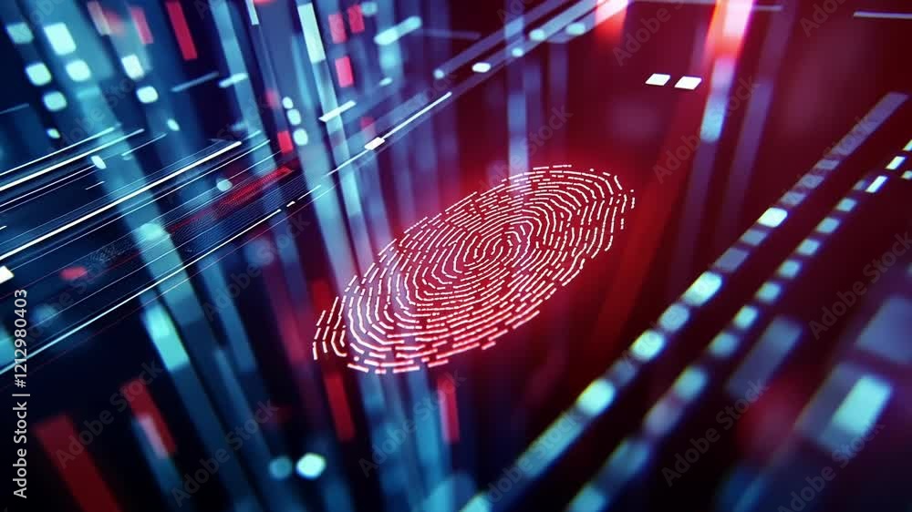Poster futuristic cyber security system scanning fingerprint for user authentication, ensuring data privacy