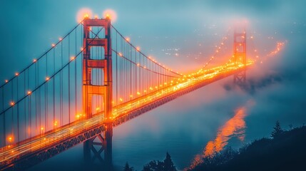 Obraz premium Foggy Golden Gate Bridge night traffic