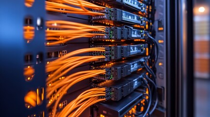 A collection of server racks is filled with illuminated cables, indicating data processing activity inside a modern data center filled with technology