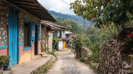 Obraz premium A small village nestled in a valley, with colorful houses and a winding dirt road.