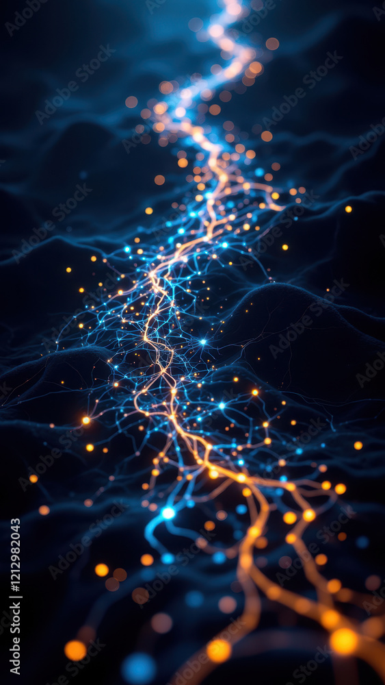 Poster gamma ai neural network with interconnected neurons glowing blue and orange in a dark background.