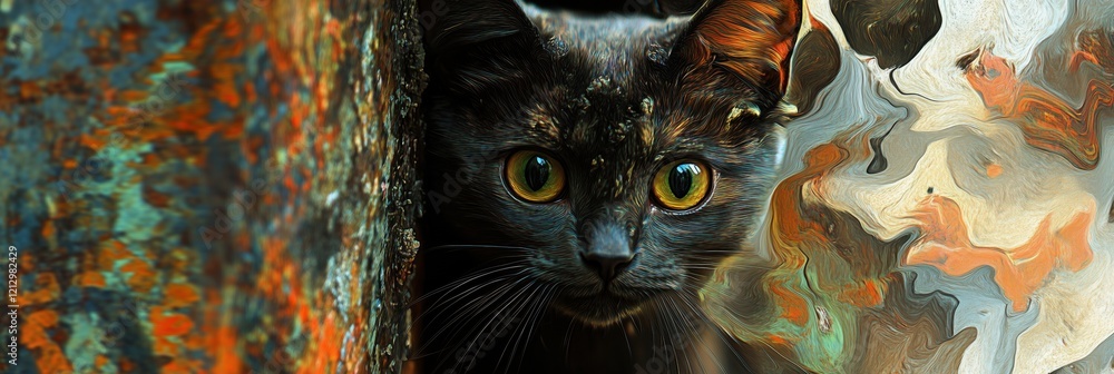 Poster mysterious black cat with striking yellow eyes peering from behind textured surface, vibrant colors 