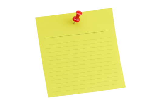 Yellow paper note with push pin isolated on white background,