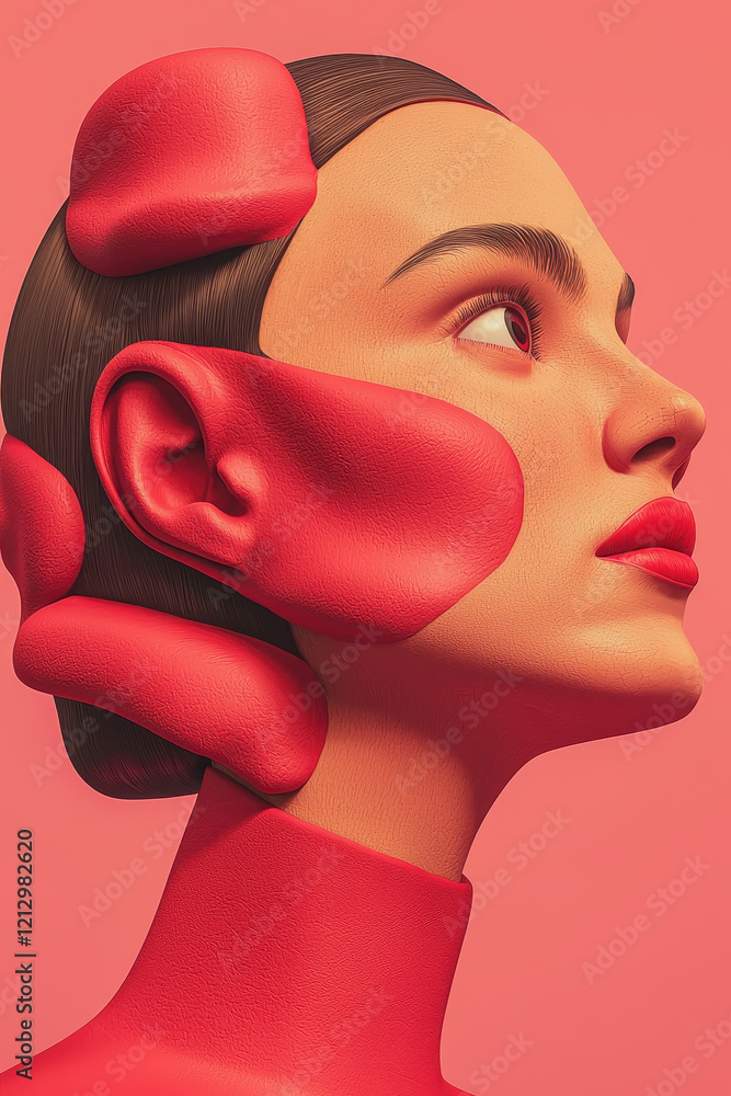 Poster striking abstract portrait with vibrant red and pink tones showcasing modern artistic expression and