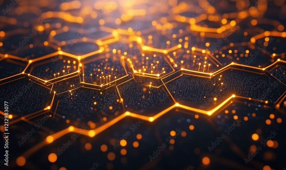 Poster hexagonal grid pattern illuminated with glowing orange lights, creating a futuristic digital landsca