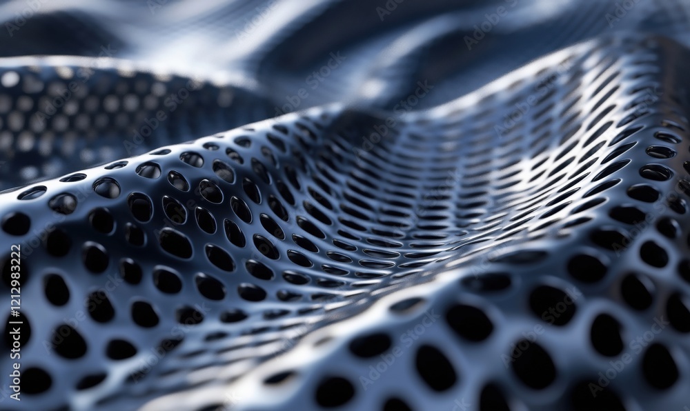 Poster textured black mesh fabric with perforated holes creating a wave-like pattern, showcasing depth and 