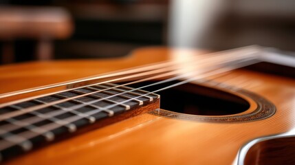 Fototapeta premium A detailed close-up of an acoustic guitar's body and strings showcasing the intricate craftsmanship and warm hues that enhance the instrument's beauty and character.