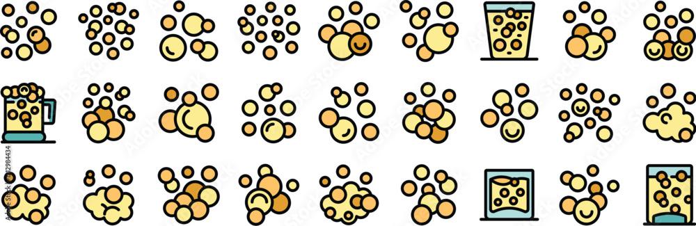 Poster sparkling effervescence in various beverages, beer mugs and glasses, creating a refreshing and fizzy
