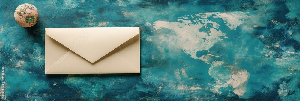 Poster envelope on world map background with decorative egg, symbolizing global communication and connectio