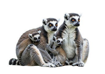 Group of lemur family sitting together, isolated on white background