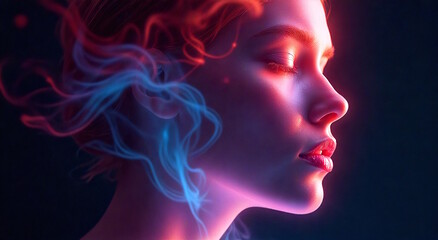 Fototapeta premium Profile of young woman with glowing red and blue light highlights. Concept of futuristic beauty, innovation, and energy balance