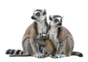 Group of lemur family sitting together, isolated on white background