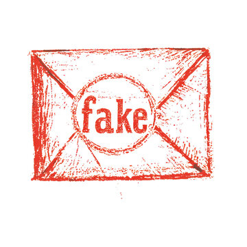Icon in form of a letter with red stamp "fake" on it on white or transparent background
