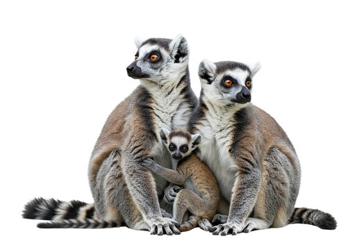 Group of lemur family sitting together, isolated on white background