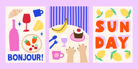 Trendy breakfast vector posters design set. Bright funky simple food illustrations © ArtFM
