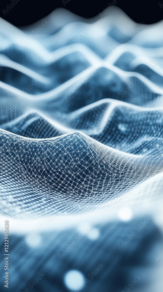 Poster 3d wireframe waves in blue tones representing data visualization and digital landscapes