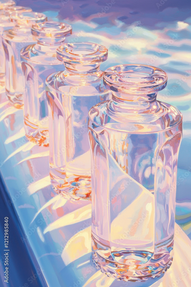 Poster Illuminated Glass Bottles with Reflections in Soft Pastel Hues Creating a Serene and Luminous Display