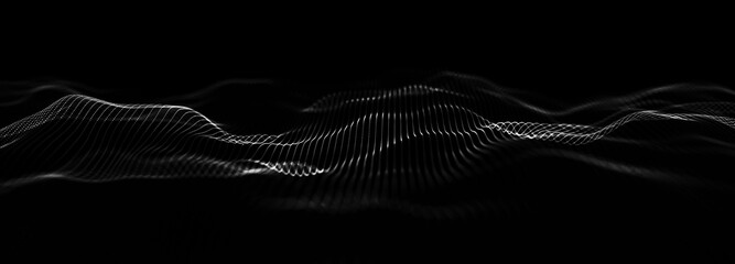 Technology background. Abstract digital particle wave. Futuristic abstract waves glowing grid curves dynamic flowing. Sound wave visualization. Widescreen. 3D rendering.