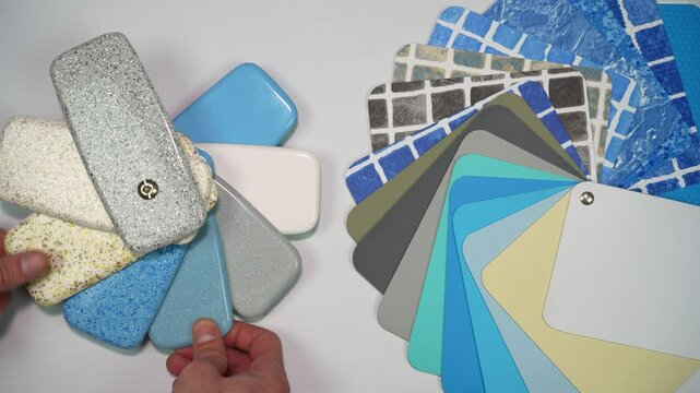 Samples of fiberglass and liner for the production of swimming pools. Choosing a pool surface lining