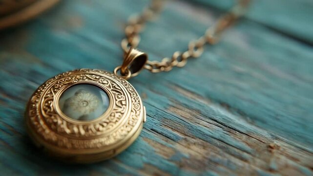 Antique gold locket gently spinning on weathered blue wood surface