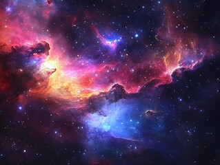 Fototapeta premium Stunning Cosmic Nebula with Vibrant Swirling Clouds of Gas and Dust in Deep Space, Showcasing a Colorful Interstellar Phenomenon with Dazzling Stars