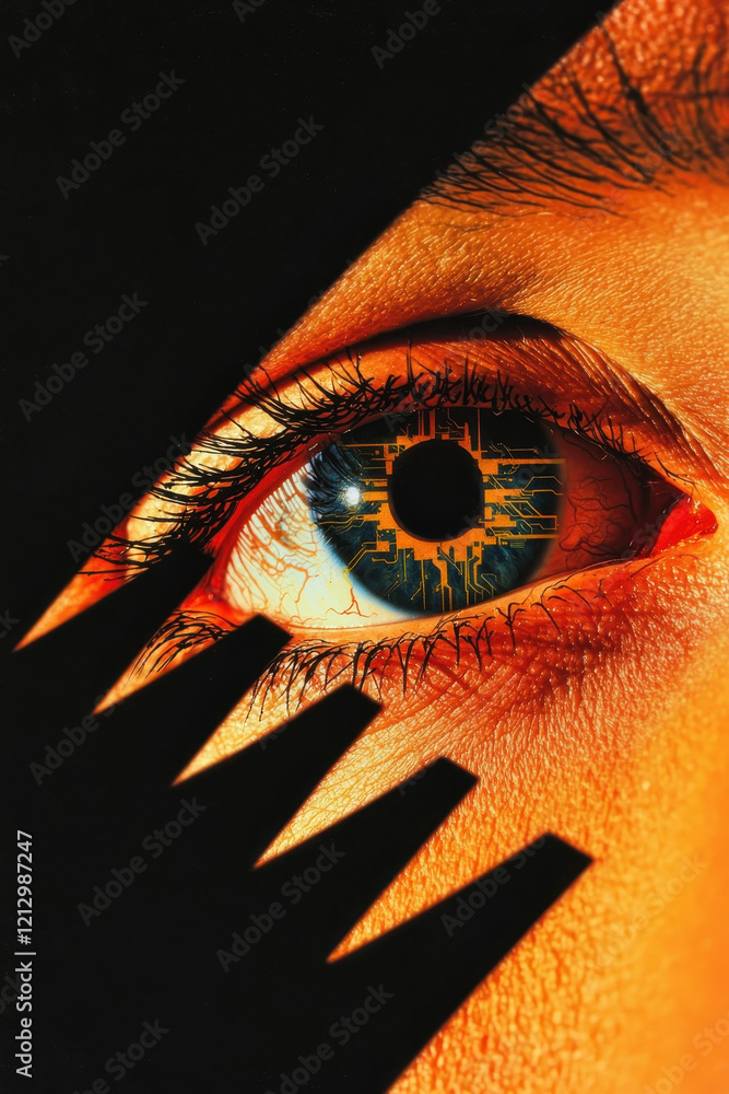 Poster futuristic cybernetic eye concept featuring intricate technology and circuitry for a glimpse into ar