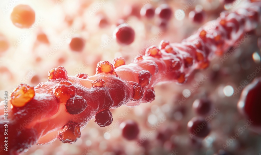 Poster microscopic view of molecular structure showcasing red and translucent elements, highlighting intric