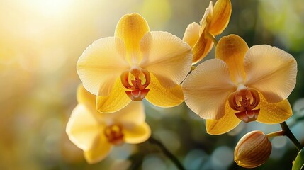 Obraz premium Golden orchids blooming in sunlight, garden background.