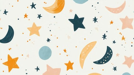 Whimsical Celestial Pattern with Stars and Moons, Digital Art, Creative Design, Colorful Environment, Artistic Viewpoint