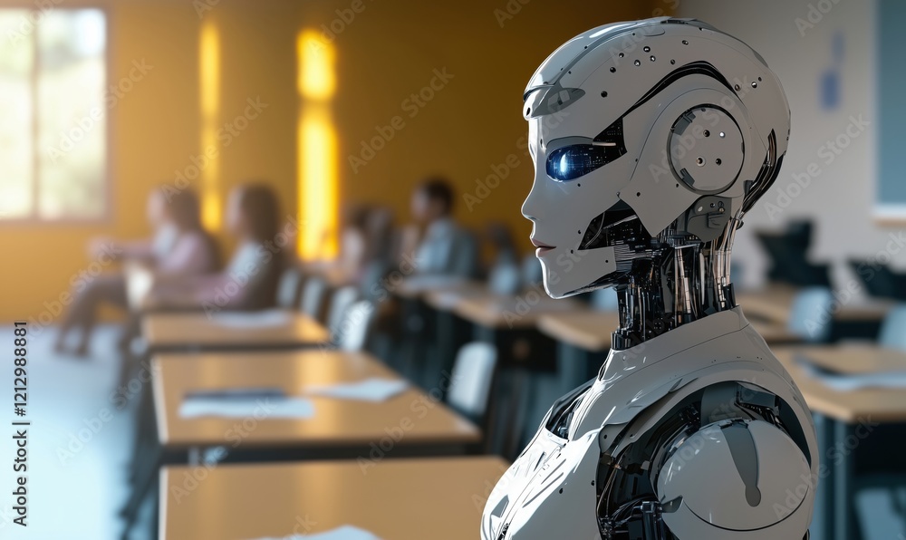 Aufkleber robot teacher in classroom setting with students observing, showcasing advanced ai technology and fu