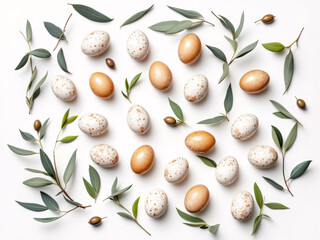 Eggs and olive branches on white background.