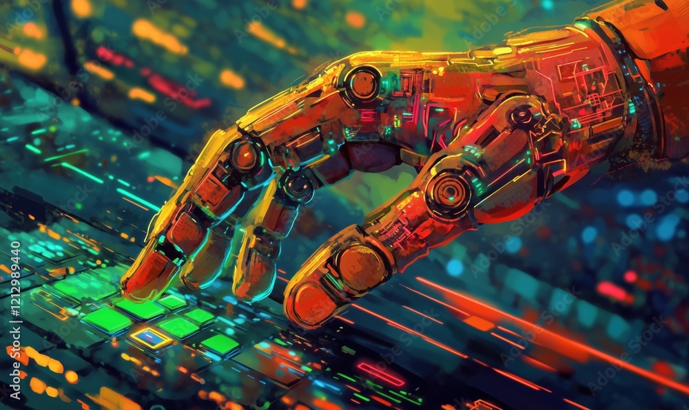 Poster futuristic robotic hand interacting with vibrant digital interface, showcasing advanced technology a