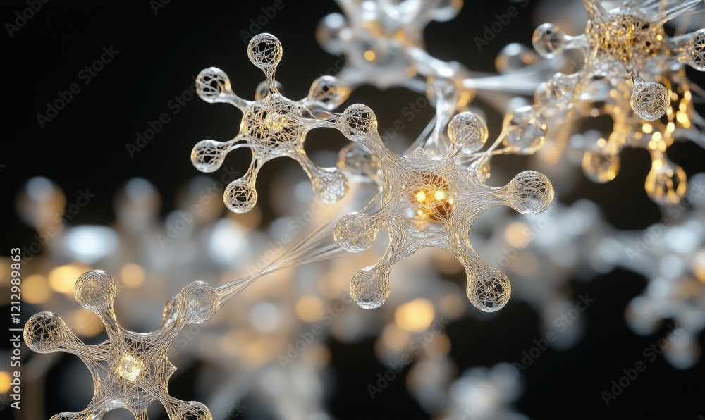 Poster intricate molecular structures illuminated with soft light, showcasing delicate wireframe designs an