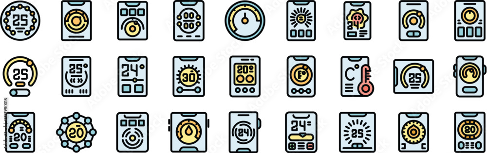 Poster diverse icons representing temperature regulation and monitoring interfaces, ideal for projects rela