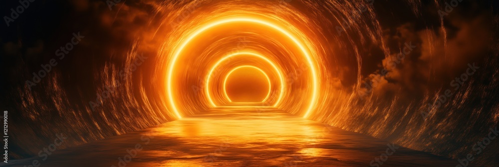 Poster glowing orange circular tunnel with reflective surface and dramatic lighting effects, creating a sur