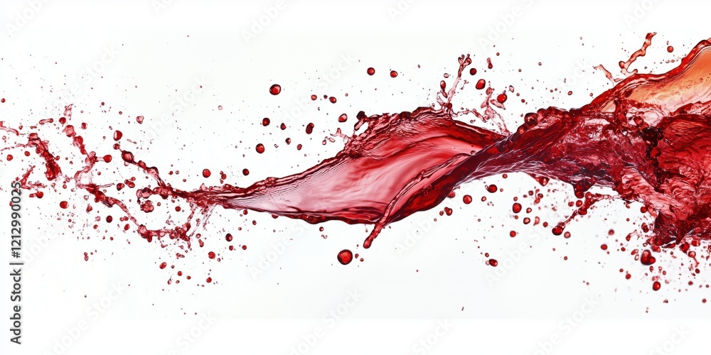 Poster dynamic splash of red liquid creating vibrant patterns and droplets against a white background, show