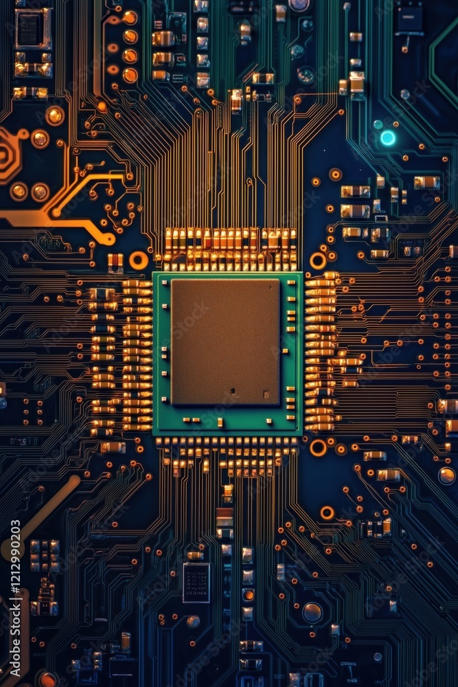 Poster microprocessor circuit board close-up with intricate wiring and illuminated components