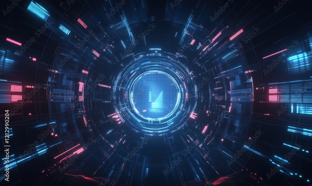 Poster futuristic digital tunnel with vibrant blue and pink neon lights, abstract data streams, and circula